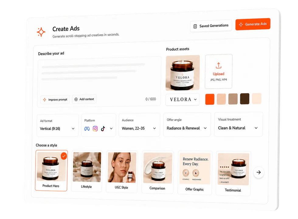 Create Ads workspace for generating ad variations at scale from a product brief and brand assets