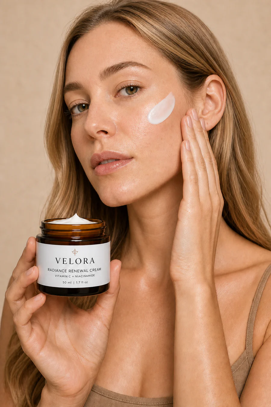 White woman holding a Velora skincare jar with cream on her cheek
