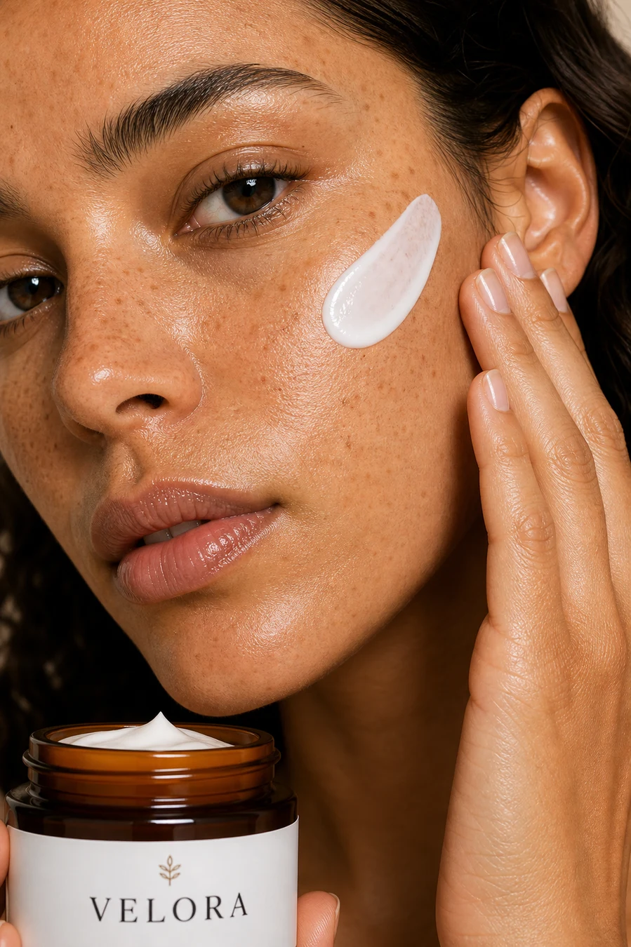 Close-up skincare portrait with Velora cream on cheek